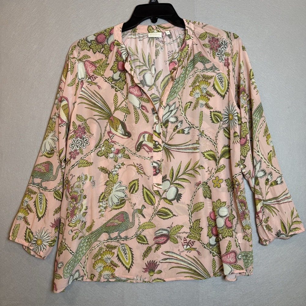 Spartina 449 Pink Floral Silk Tunic Blouse 2XL Plus 3/4 Sleeve V-Neck